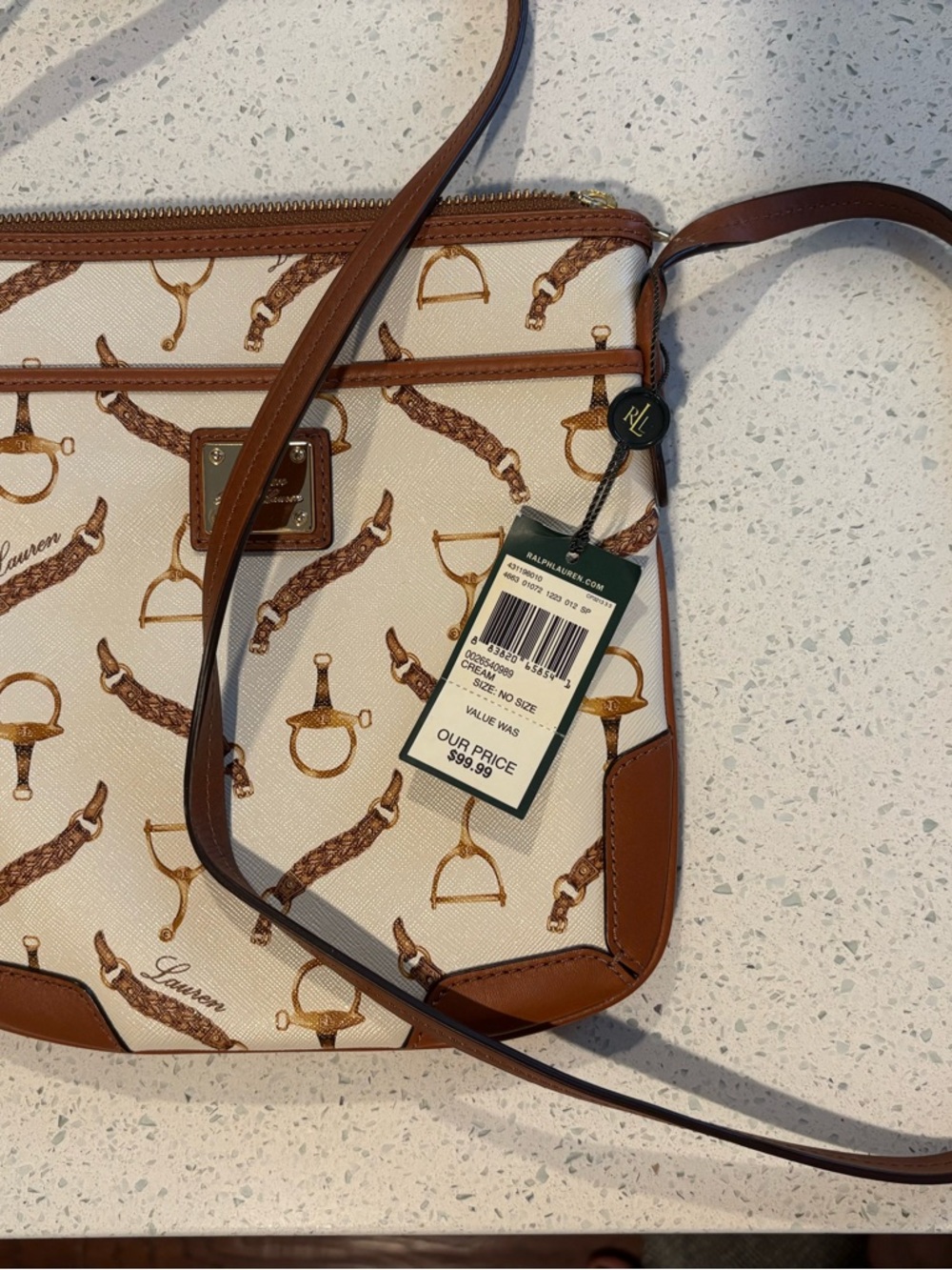 Ralph Lauren NWT Crossbody. Brown Leather Trim, Equestrian Print, Gold Hardware.